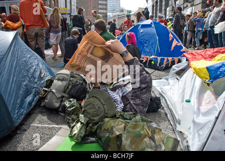 Le changement climatique Camp à Bishopsgate au G20 à Londres de protestation le 1er avril 2009. Banque D'Images