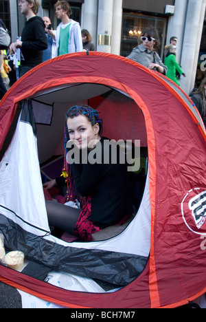 Le changement climatique Camp à Bishopsgate au G20 à Londres de protestation le 1er avril 2009. Banque D'Images