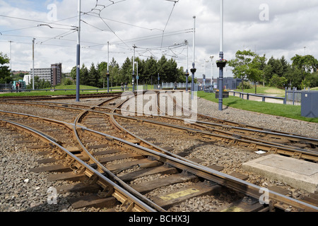 Détails de la piste de Sheffield Supertram. Angleterre Royaume-Uni. Points de voie ferrée de jonction de rail urbain Banque D'Images