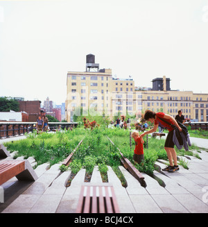 La mère et l'enfant explorer la nouvelle Le parc High Line à Chelsea, Manhattan NYC New York City USA KATHY DEWITT Banque D'Images