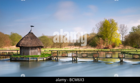 Cabane de pêcheurs de chaume et les pièges de l'anguille enjambant la rivière tester près de Longstock Hampshire Angleterre PRINTEMPS Avril 2009 Banque D'Images