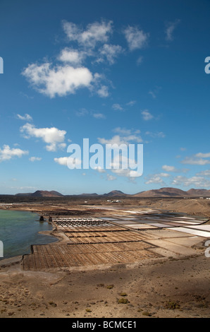 Salinas de Janubio salines salines de la mer avec le parc national de Timanfaya à Lanzarote volcans derrière dans les îles Canaries Banque D'Images