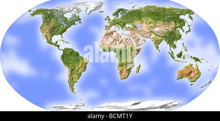 Carte du monde, relief ombré, centrée sur l'Afrique Banque D'Images