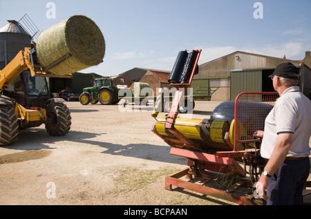 Emballage en plastique les grosses balles rondes de foin sur une ferme Banque D'Images