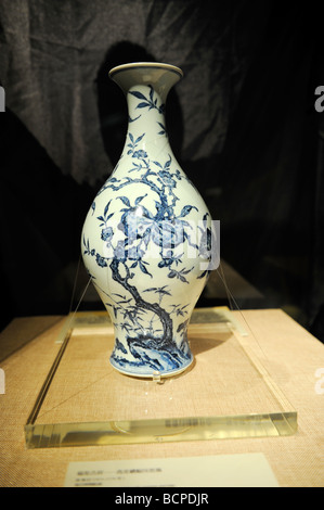 Vase en porcelaine bleu et blanc avec motif à partir de la pêche et de bat Yongzhen période dans la Dynastie Qing, Musée de la capitale, Beijing, Chine Banque D'Images