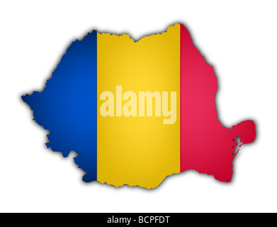 Drapeau et carte de la Roumanie sur fond blanc Banque D'Images