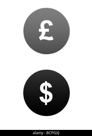 Deux dollar et sterling pound sign boutons devise isolé sur fond blanc Banque D'Images