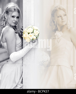 Moitié du corps, montage de belles jeunes bride holding bouquet de fleurs Banque D'Images