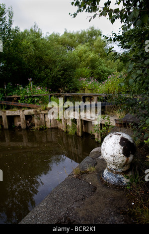 Portes d'Écluse, non utilisées et détérioration de la parmi les arbres et les mauvaises herbes, le long de la Manchester Ship Canal avec un point fixe sur la jetée Banque D'Images