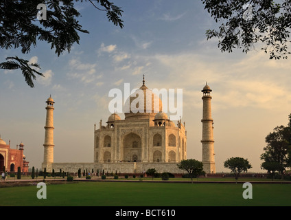 Taj Mahal aux premières lumières. Vue matinale du site de devant. Photographie de lever de soleil emblématique d'Agra. Agra, Inde. Banque D'Images