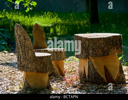 Table et chaises de jardin rustique taillé dans un vieux tronc d'arbre dans le jardin Banque D'Images