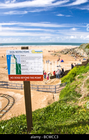 L'avis de restriction chien surplombant la plage Pavillon Bleu de Woolacombe Sands désignés dans le Nord du Devon Banque D'Images