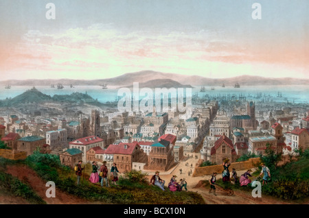 Vue sur San Francisco, avec des gens sur la colline en premier plan, vers 1860 Banque D'Images