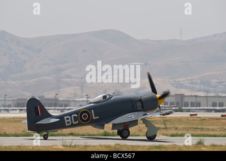 Un Hawker Sea Fury Les taxis sur la piste après un vol dans le cadre d'un salon. Banque D'Images