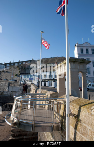 Le Mayflower Steps. Plymouth Hoe. La Barbacane, au sud-ouest, Devon, England, UK, Pilgrim Fathers Banque D'Images