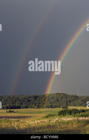 Des arcs-en-ciel primaire et secondaire sur la vallée de Gauja dans Gaujiena Lettonie Banque D'Images