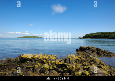 Balcary Bay à la recherche vers l'île de Hestan et Balcary Tower, Dumfries et Galloway, Écosse Banque D'Images