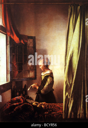 Vermeer's 'une jeune fille lisant une lettre par une fenêtre ouverte", c.1657, huile sur toile Banque D'Images