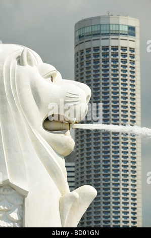 La fontaine Merlion Lion et l'hôtel Stamford Plaza, Marina Bay SIN Banque D'Images