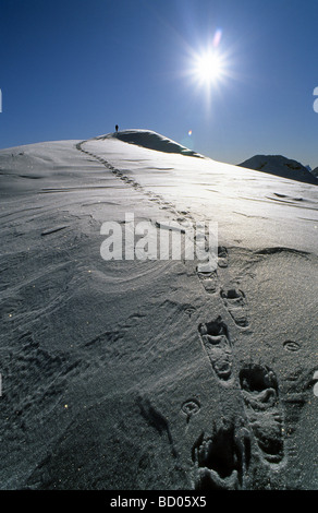 Femme sur un tour en raquettes, sur une crête au-dessus de la cabine de sennes, Fanes-Senes-Prags nature park, Dolomites, Italie, Europe Banque D'Images