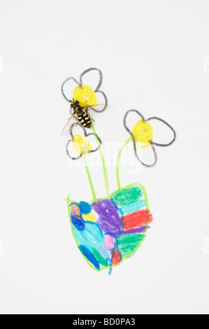 Hoverfly sur un dessin d'enfant fleurs Daisy Banque D'Images