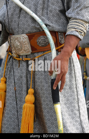 Détail de l'habillement d'un archer pendant le Naadam en Mongolie, concours Banque D'Images