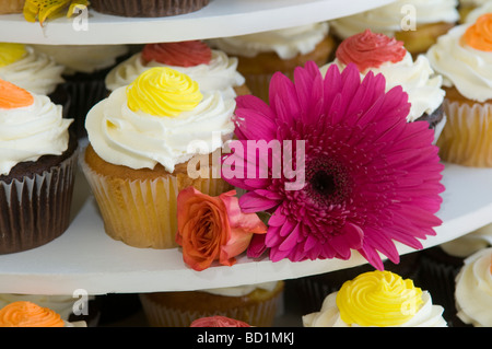 Cupcakes sur support multi-niveaux avec des accents de fleurs en soie. Banque D'Images