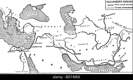 La carte montre, en une ligne continue, la principale voie terrestre d'Alexandre le Grand qui, de l'est Mars. La ligne en pointillé indique Nearchos' itinéraire. Banque D'Images