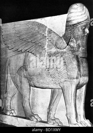 Cette fiabilité d'un lamassu ont été recueillis à l'Territoires du palace de l'Assyrien Assurnazirpal souverain II (883-859 avant J.-C.) à Nimrud (Iraq). Banque D'Images