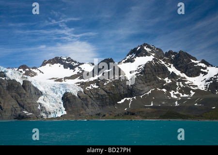 Bertrab glacier suspendu et les montagnes au-dessus de la plage de Gold Harbour Antarctique Géorgie du Sud Banque D'Images