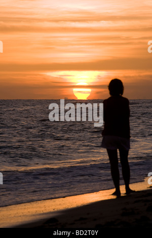 Femme regardant le coucher du soleil sur la plage de Bowman - Sanibel Island, Floride Banque D'Images