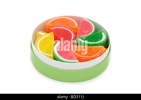 Tranches de fruits gelée dans une boîte / Jelly Sweets, enrobés de sucre Banque D'Images