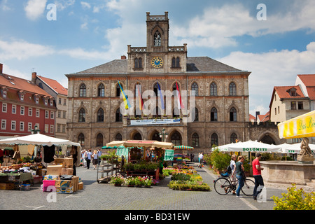 Place de l'Hôtel de Ville et Place du marché de Weimar, Allemagne, Europe Banque D'Images