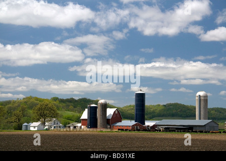 Grange rouge et les silos à grains sur une ferme dans le comté de Manitowoc (Wisconsin USA Banque D'Images