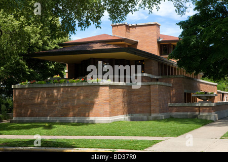 Le Frederick C. Robie House, Frank Lloyd Wright, chef-style des prairies, construit 1908-10, Chicago, Illinois, USA. Banque D'Images