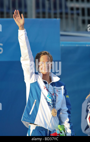 Federica Pellegrini ITA femmes gagnant s 200 m libre en un temps record du monde de la FINA à Rome Italie Championnats du Monde de Natation Banque D'Images