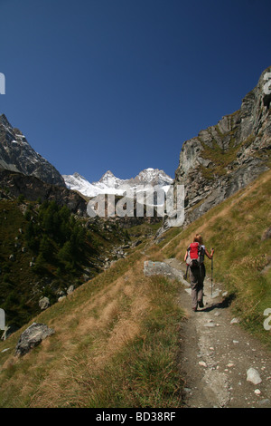 Female Hiker walking in direction unités Obergabelhorn et Wellenkuppe Zermatt Suisse Valis Banque D'Images