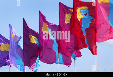 Drapeaux colorés dans Penzance pour le festival Golowan Banque D'Images