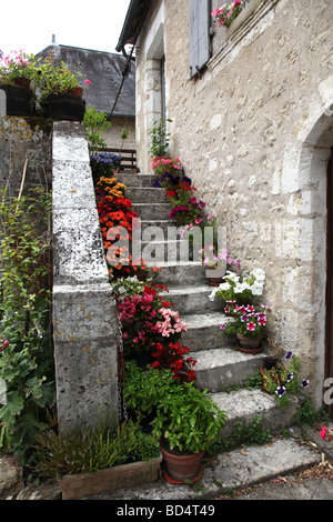 Jolie maison à angles sur l'Anglin avec géraniums en pot jusqu'à la porte Banque D'Images