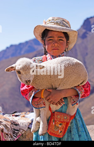 Portrait d'une jeune fille habillée traditionnellement tenant un agneau, près de Arequipa Banque D'Images