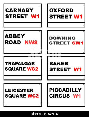 Ensemble de huit panneaux routiers célèbres de Londres isolé sur fond blanc Banque D'Images