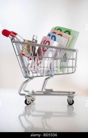 Un petit panier avec des billets de banque et pièces de monnaie Banque D'Images