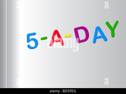 Porte de réfrigérateur blanc avec aimants faire slogan '5-A-DAY' Banque D'Images