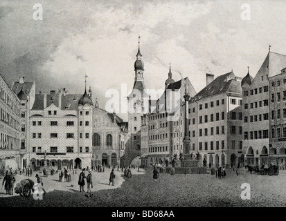 Géographie / voyages, Allemagne, Munich, places, Marienplatz (Schrannenplatz jusqu'en 1854) avec ancienne mairie, lithographie, milieu du XIXe siècle, Banque D'Images