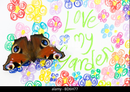 Aglais io. Papillon paon sur l'amour mon jardin et fleurs multicolores dimensions Banque D'Images