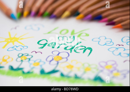 Mon jardin d'amour, dessin d'enfant et crayons de couleur Banque D'Images