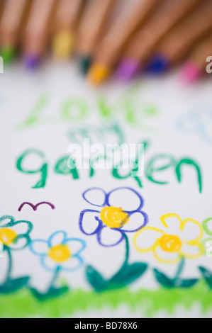 Mon jardin d'amour, dessin d'enfant et crayons de couleur Banque D'Images