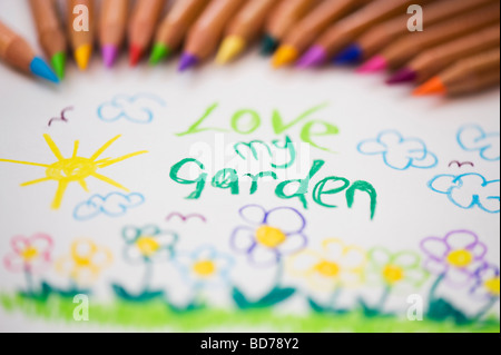 Mon jardin d'amour, dessin d'enfant et crayons de couleur Banque D'Images