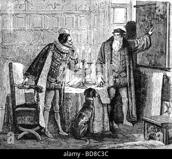 Explorateur et navigateur portugais Vasco Da Gama explique ses plans de voyage au Portugal, le roi Manuel I. Banque D'Images