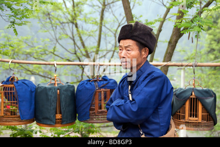 Le vendeur d'un oiseau dans la province de Guizhou, marché Chine Banque D'Images